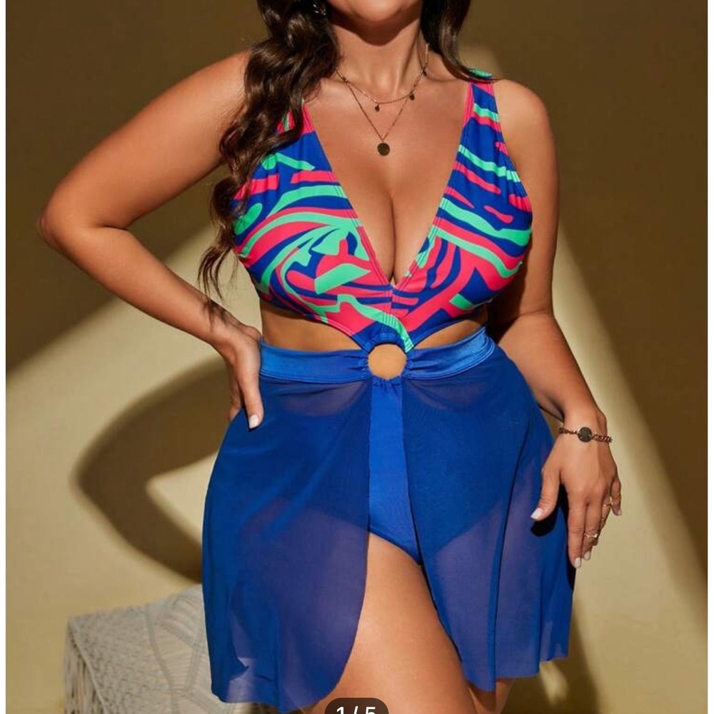 Blue Abstract Print O-Ring Cutout One Piece Swimsuit with Mesh Skirt 1XL